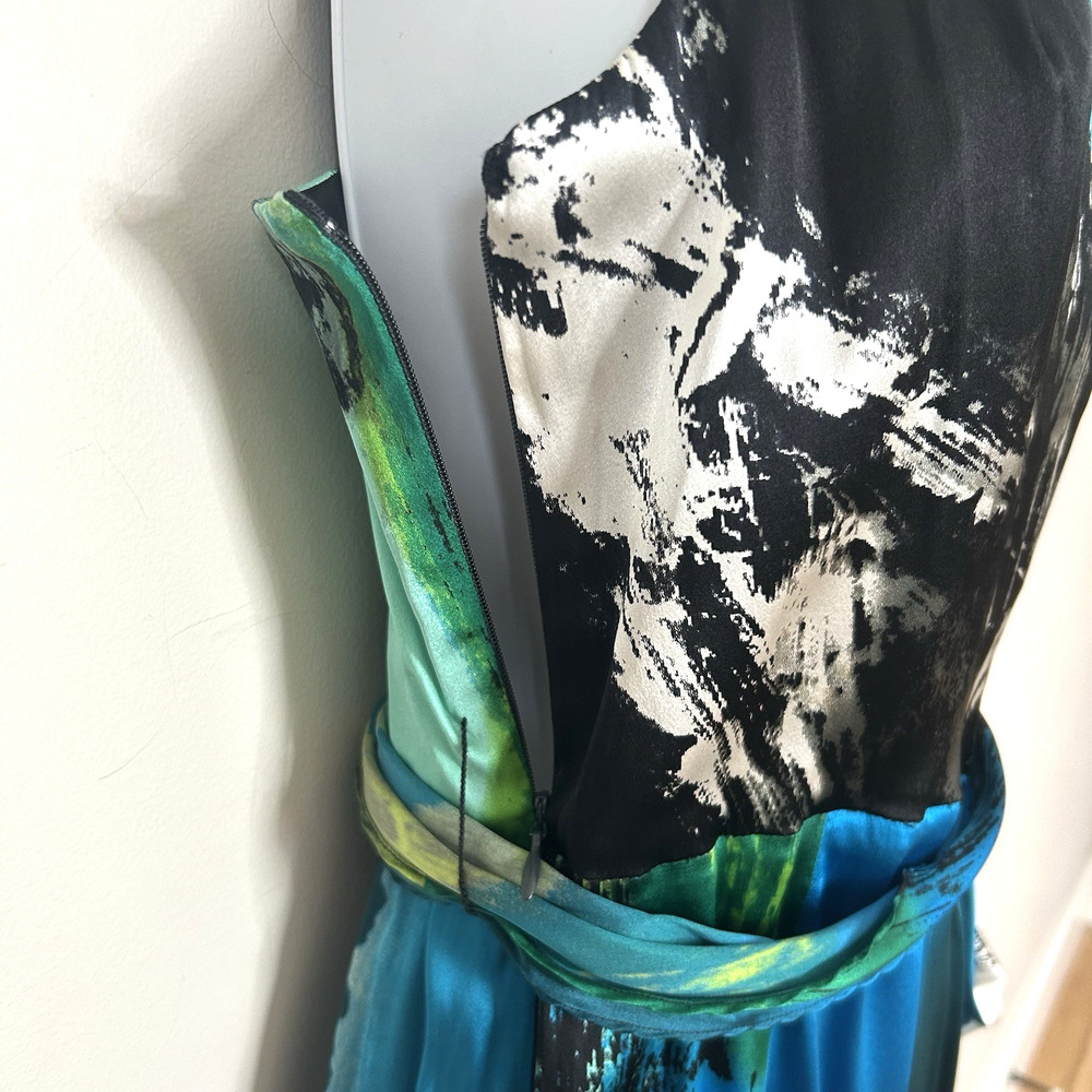 Black Halo Cocktail Dress Size 4 Silk Abstract One Shoulder Ruched Blue Black - Picture 6 of 11